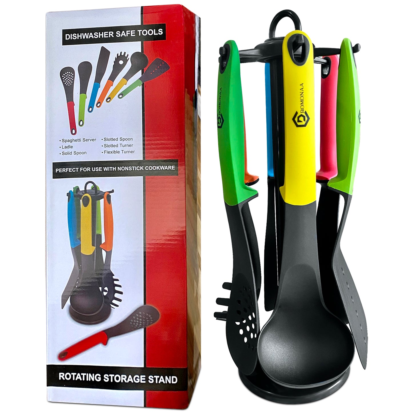 6 Piece Kitchen Utensils Set with Rotating Storage Stand, Dishwasher Safe Non-Stick Nylon Kitchen Utensil Set